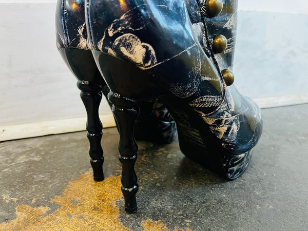 Too Fast X Ray Anatomy Skull Print Victorian Boot Rockabilly Pinup Goth - Size 8