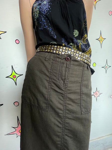 Y2K Low Rise Military Green Utility Cargo Skirt Linen Blend Emo Fairy Grunge M/L