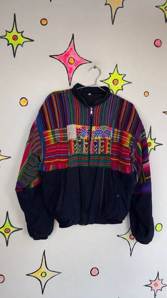 Vintage 80s 90s | Rainbow Patchwork Guatemalan Boho Grunge Bomber Jacket | XL