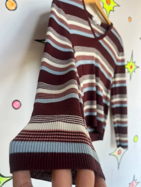Vintage 70s Groovy Grunge Striped Pullover V-Neck Sweater Bobbie Brooks - S M