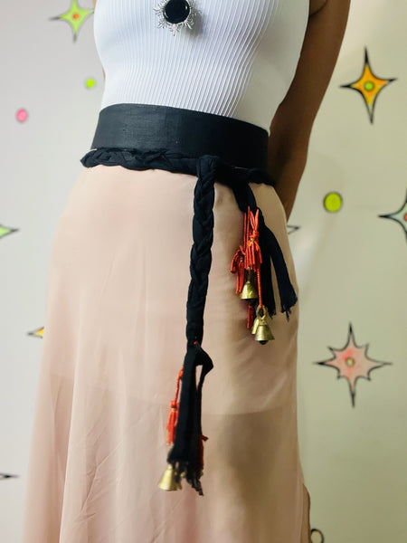 Vintage Black & Red Moroccan Berber Boho Belt – Bells & Tassels – Waist Sash
