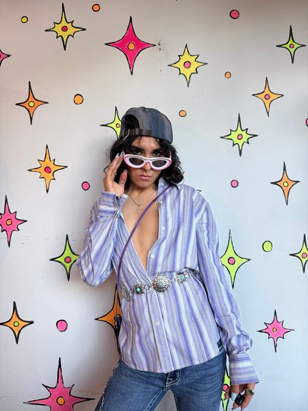 Y2K Purple Pinstripe Shirt Fairy Goth Mall Goth Indie Sleaze Grunge L/XL
