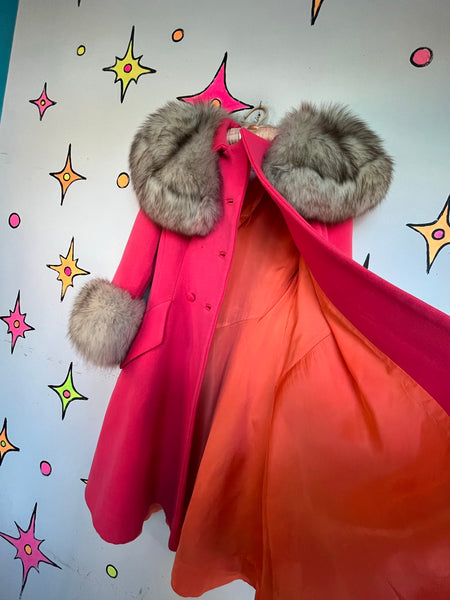 Vintage 60s Lilli Ann Pink Fur Trim Old Hollywood Glam Princess Swing Coat S