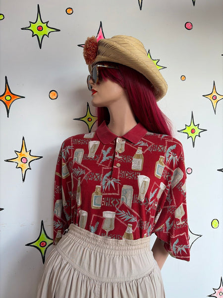 Vintage Red Tiki Souvenir Aloha Party Shirt Hawaiian Polo Knit Plus Size XXL+