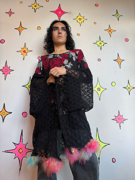 Y2K Rainbow Feather Trim Kimono Rave Cyber Grunge Japanese Streetwear