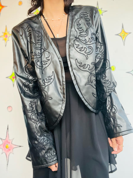 Y2K Vegan Black Faux Leather Jacket Western Embellished Boho Fairy Grunge - XL