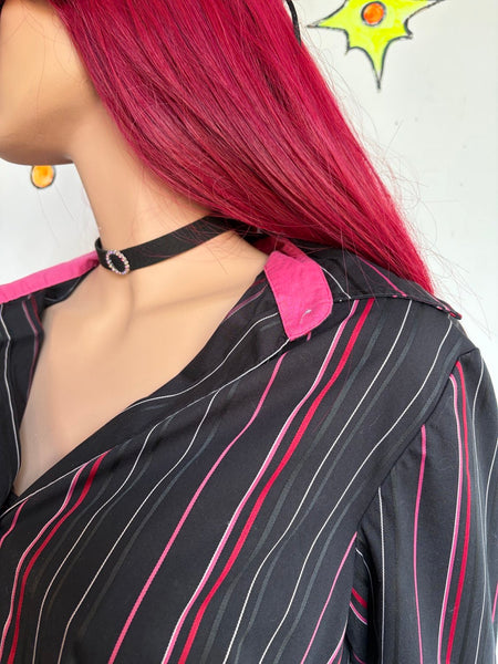 Y2K Mall Goth Pinstripe Shirt Black Red Office Siren Dark Academia Grunge Top L