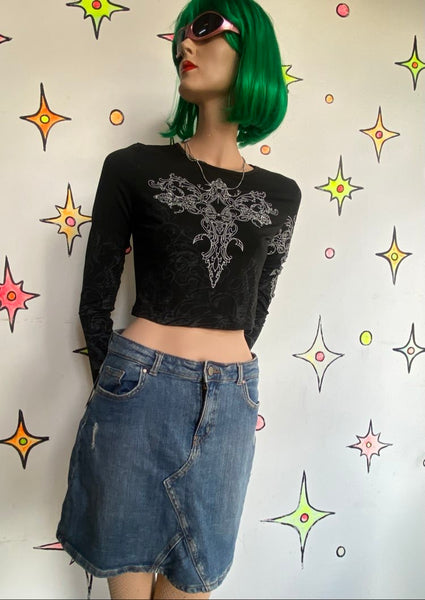 Y2K Denim Mini Skirt Low Rise Blue Jean Boho Grunge Emo Wardrobe Staple M/L