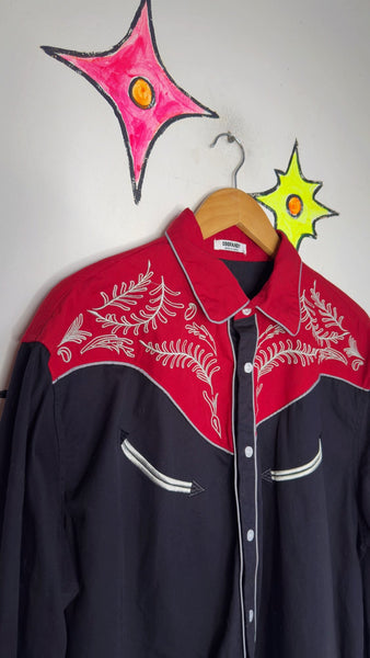 Men's Western Black and Red Pearl Snap Shirt Embroidered Cowboy Rodeo XL+
