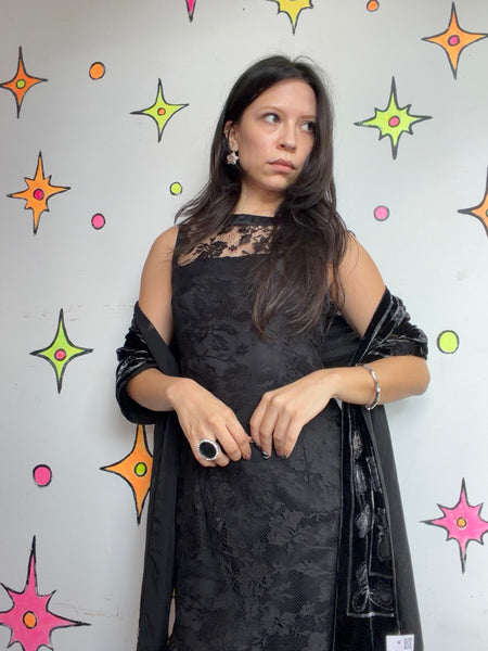 Black Velvet Burnout Fringe Scarf Flapper Old Hollywood Goth Fairycore Glam