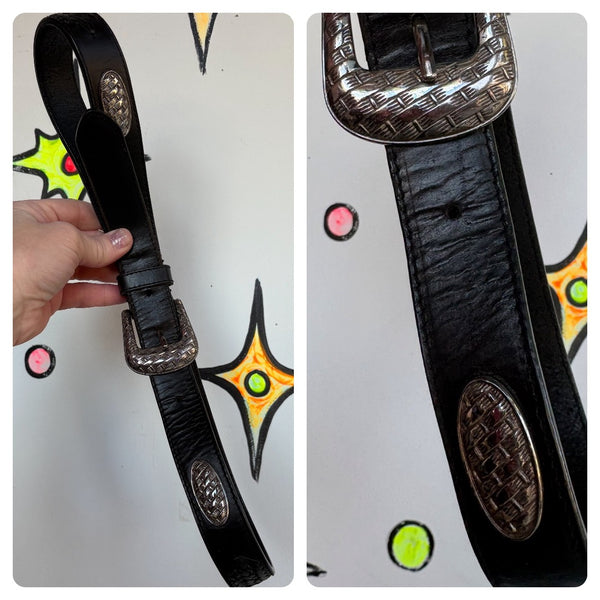 90s Black Western Leather Belt Silver Concho Studded Cowboy Boho Goth Buckle