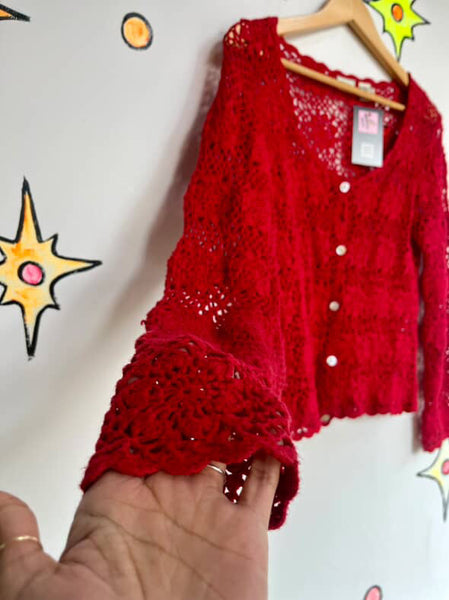 Vintage 90s Y2K Gold Crochet Fairy Grunge Boho Duster Robe Sweater – 14/16