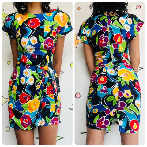 Vintage 80s Rainbow Abstract Art Wear Wrap Dress Boho Grunge w Shoulder Pads 5/6