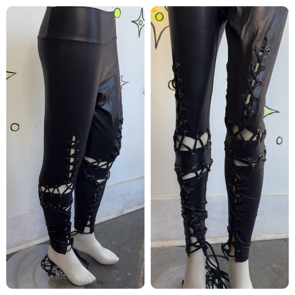 Y2K Black Lace Up Vegan Leather Pants High Rise Goth Punk Rock Glam Leggings – S