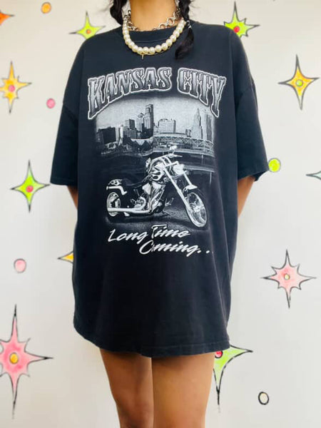 Vintage 90s Kansas City Tee | Black Biker Grunge Graphic T-Shirt XL
