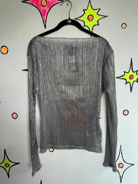 Y2K Cyber Glam Silver Sheer Metallic Mock Neck Top Galactic Disco Layering Top S