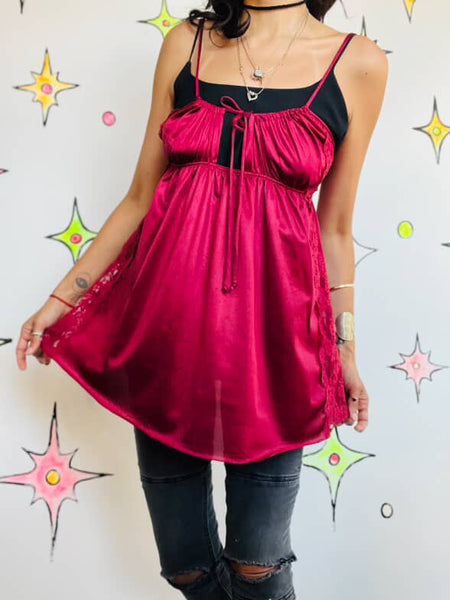 Vintage 70s Burgundy Lace Fairy Grunge Boho Grunge Mini Lingerie Slip Dress M