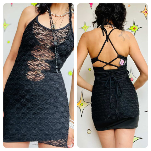 Y2K Stretchy Sheer Lace LBD | Goth Indie Sleaze Halter Party Mini Dress | Small