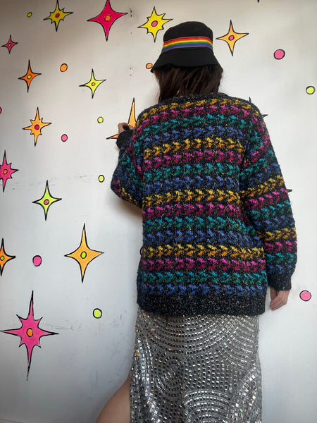 Vintage Rainbow Knit Sweater Chunky 80s Retro Cardigan Oversized L/XL