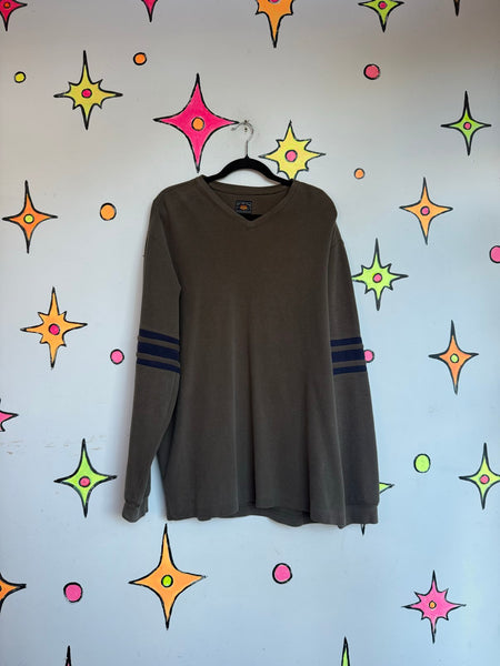 Vintage Y2K Olive Green Striped Sweater Emo Grunge Oversized Skater Pullover L