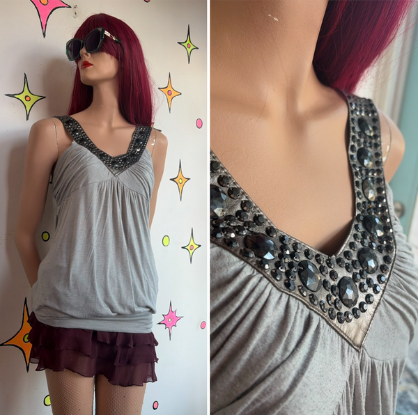 Y2K Silver Embellished Tank Top | McBling Fairy Grunge Glam Stretch Cami M