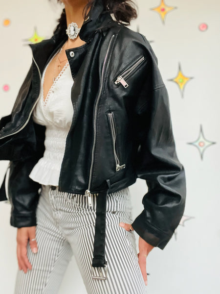 Y2K Black Vegan Moto Leather Jacket – Cropped Goth Grunge Indie Sleaze Glam - S
