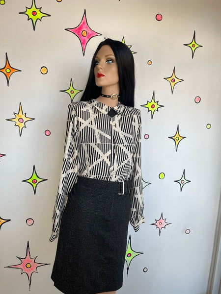 Vintage 80s Geometric Print Office Siren Blouse Power Top Secretary Chic 9/10