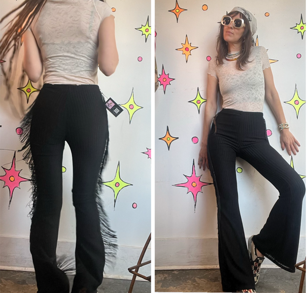 Black Fringe Flare Pants | Western Goth Festival Bell Bottom Leggings XS