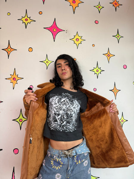 Vintage 70s Vinyl Sherpa Coat Faux Fur Penny Lane Jacket Boho Hippie Retro XL