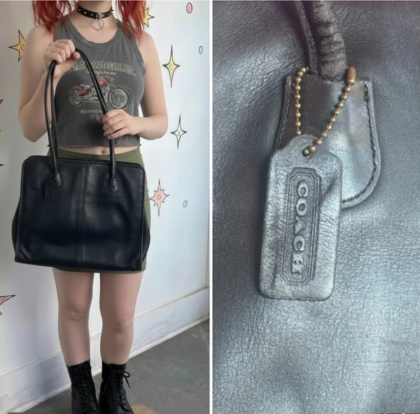 Vintage Large Coach Black Leather Tote – Classic Designer Shoulder Bag – Rare