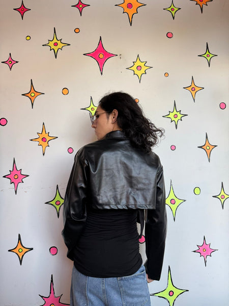 Y2K Black Cropped Moto Jacket | Vegan Leather Goth Grunge Cropped Jacket M