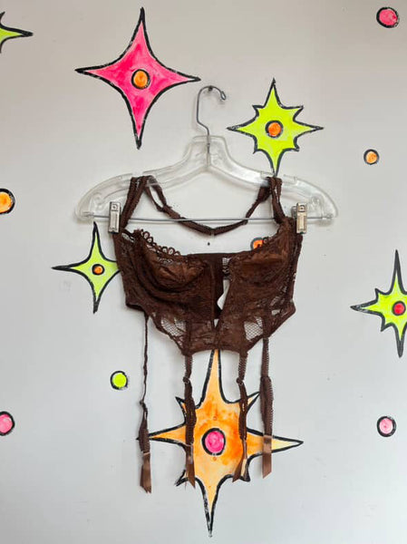Vintage Y2K Chocolate Lace Cropped Cami | Babydoll Bustier Fairy Grunge Top | S