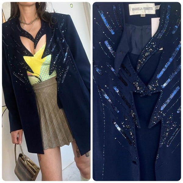 Vintage 90s Navy Beaded Abstract Sculptural Blazer Avant Garde Art Glam - L/XL