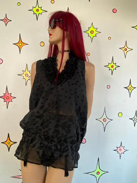 Y2K Rampage Ruffled Polka Dot Floral Scrunch Bubble Top Whimsigoth Cyber L