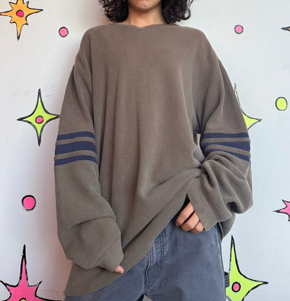 Vintage Y2K Olive Green Striped Sweater Emo Grunge Oversized Skater Pullover L