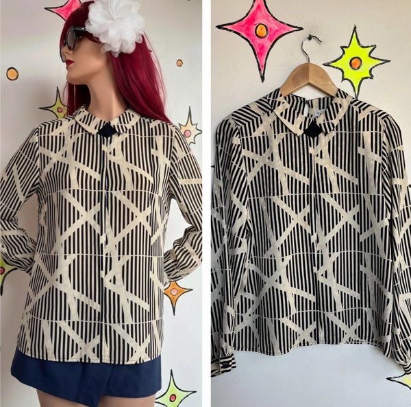 Vintage 80s Geometric Print Office Siren Blouse Power Top Secretary Chic 9/10