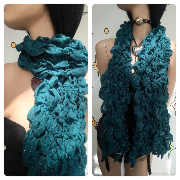 Y2K Teal Sparkle Scrunch Scarf | Cabbagecore Fairy Grunge Textured Wrap