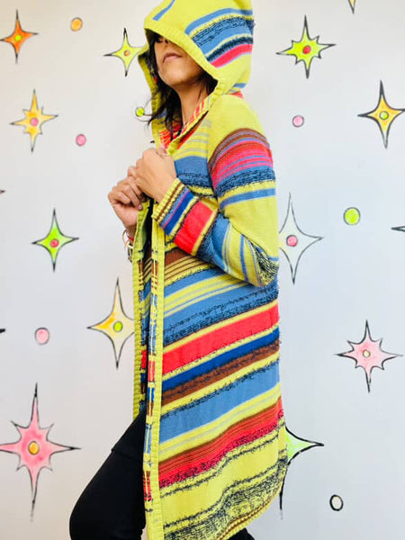 Y2K Rainbow Striped Hooded Cardigan Southwestern Boho Fairy Grunge Sweater – M/L