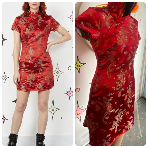 Vintage Red & Gold Satin Cheongsam Mini Dress Dragon Print Y2K Asian Inspired XL