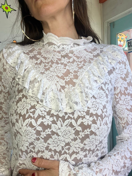 Vintage White Lace Ruffle Top Victorian Revival Rococo Coquette Fairy Grunge L