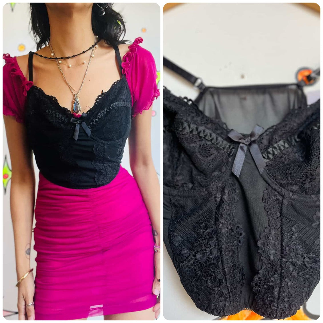 90s Black Lace Cropped Cami - Lingerie Babydoll Bustier Top - Grunge Goth - S