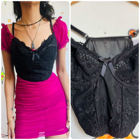 90s Black Lace Cropped Cami - Lingerie Babydoll Bustier Top - Grunge Goth - S