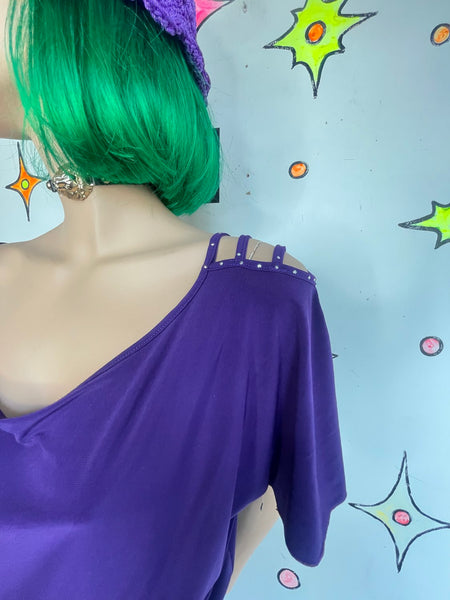 Purple Y2K Off The Shoulder Top Indie Sleaze Glam Stretchy Tunic Top XL