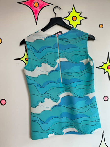 Vintage Groovy 60s 70s Nautical Sailor Art Print 2 Piece Mod Mini Dress Set S M