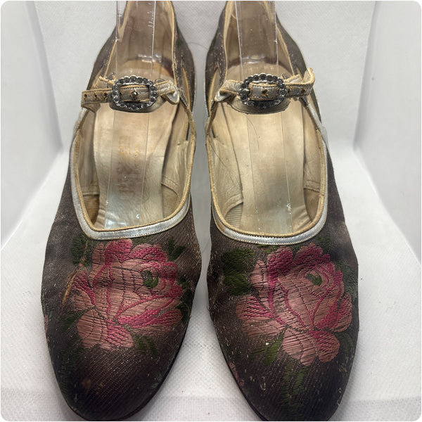 Antique 1920s Art Deco Floral Brocade Silver Lamé & Leather Mary Jane Heels – 6