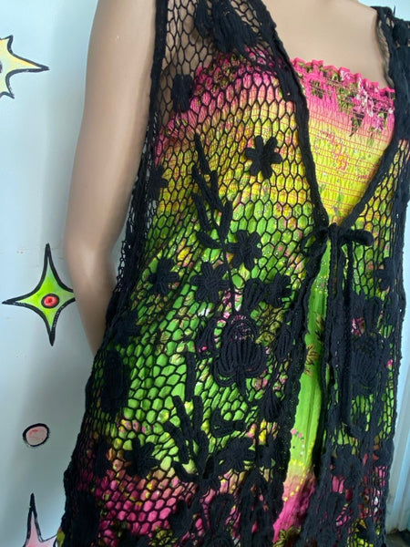 Black Crochet Floral Vest Faded Glory Whimsigoth Boho Layering XL+