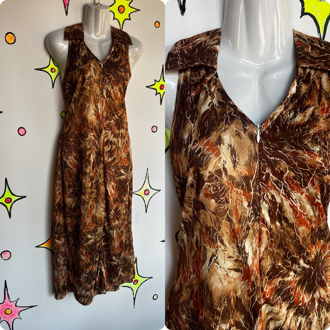 Vintage Y2K | Fairy Grunge Retro 70s Style Boho Maxi Zip Up Collar Dress | M