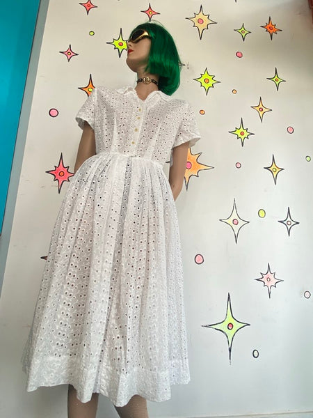1950s Nelly Don White Lace Rockabilly Midi Dress Collared Vintage S