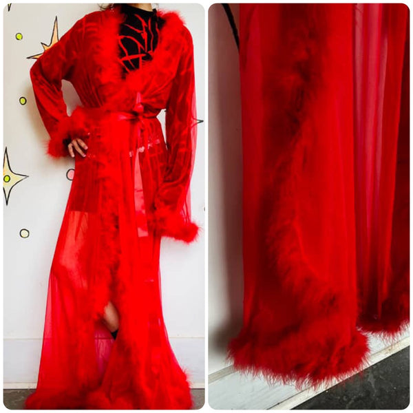 Vintage Red Sheer Feather Trim Old Hollywood Glam Vamp Robe Kimono