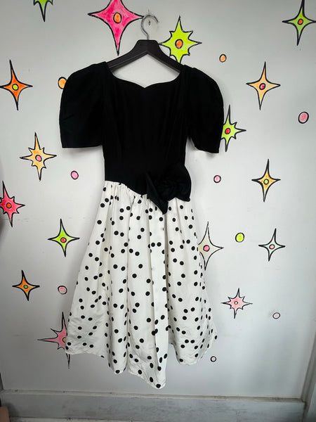 Gunne Sax 80s Party Cupcake Dress Black and White Polka Dot Poofy Crinoline S